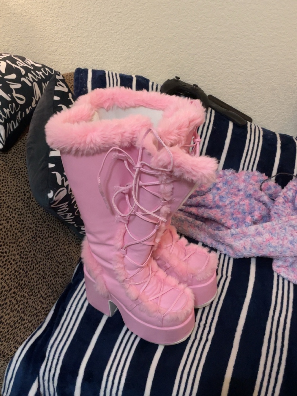 Demonia Pink Faux Fur Lace-Up Platform Boots